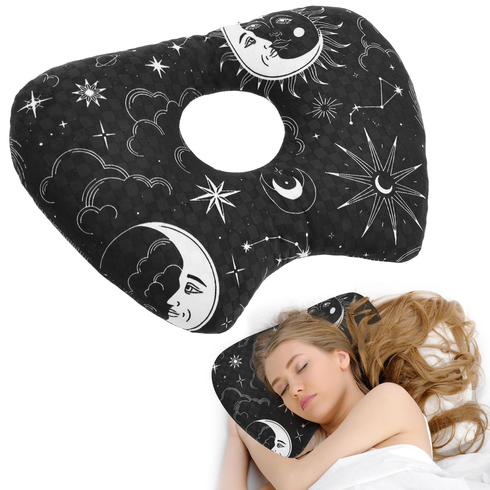 CBWERBB Ear Piercing Pillow,Washable Ear Pillow with Hole for Side Sleeper,Adjustable Polyester and Cotton Ears Guard Pillows for CNH and Earpain Ears Inflammation Pressure Sores(Black)