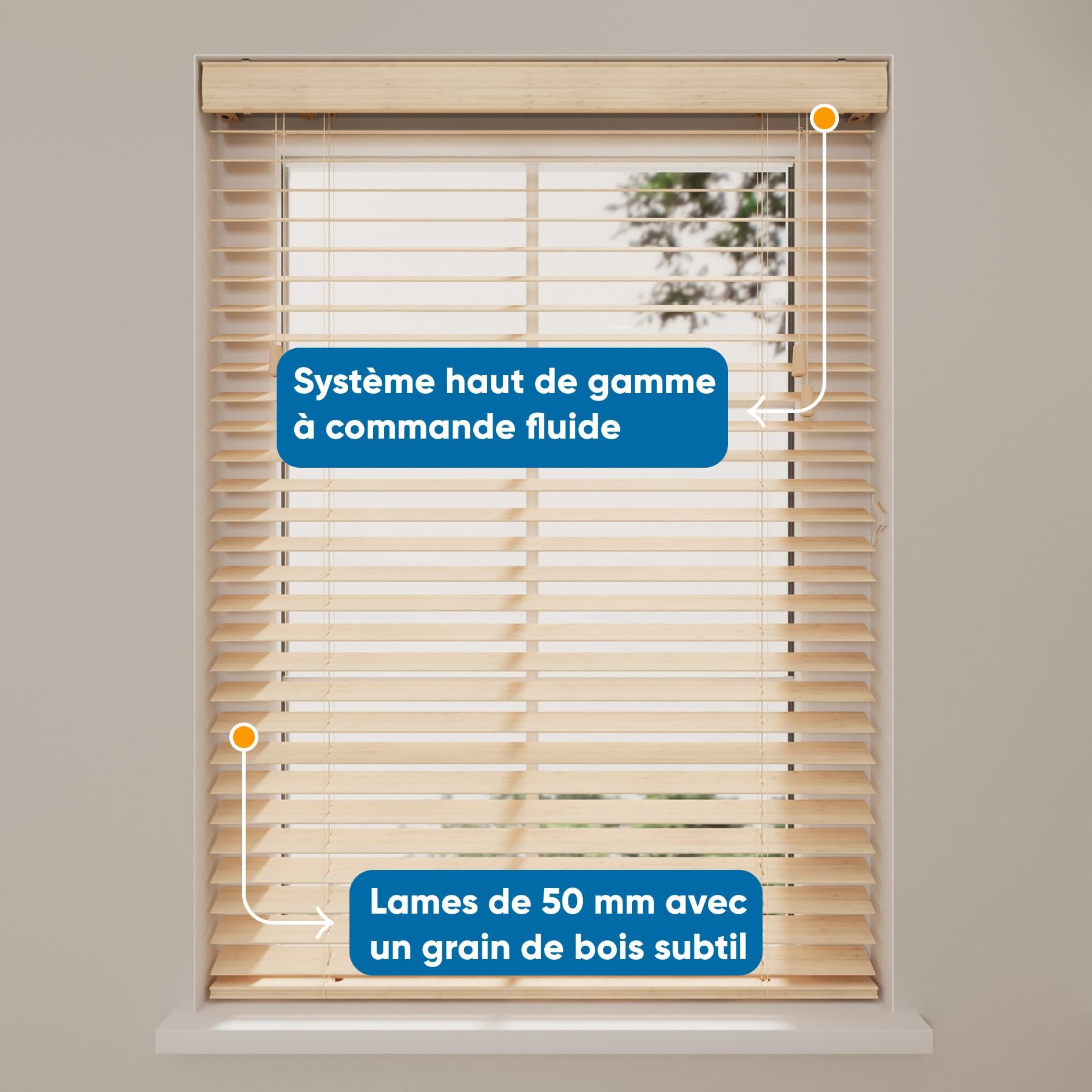 DTCH® Store vénitien en Bois Naturel 60 x 130 cm (LxH), lamelles de 50 mm en Bois de Paulownia, largeurs Disponibles de 50 à 250 cm, Store intérieur, Jalousie pour fenêtre