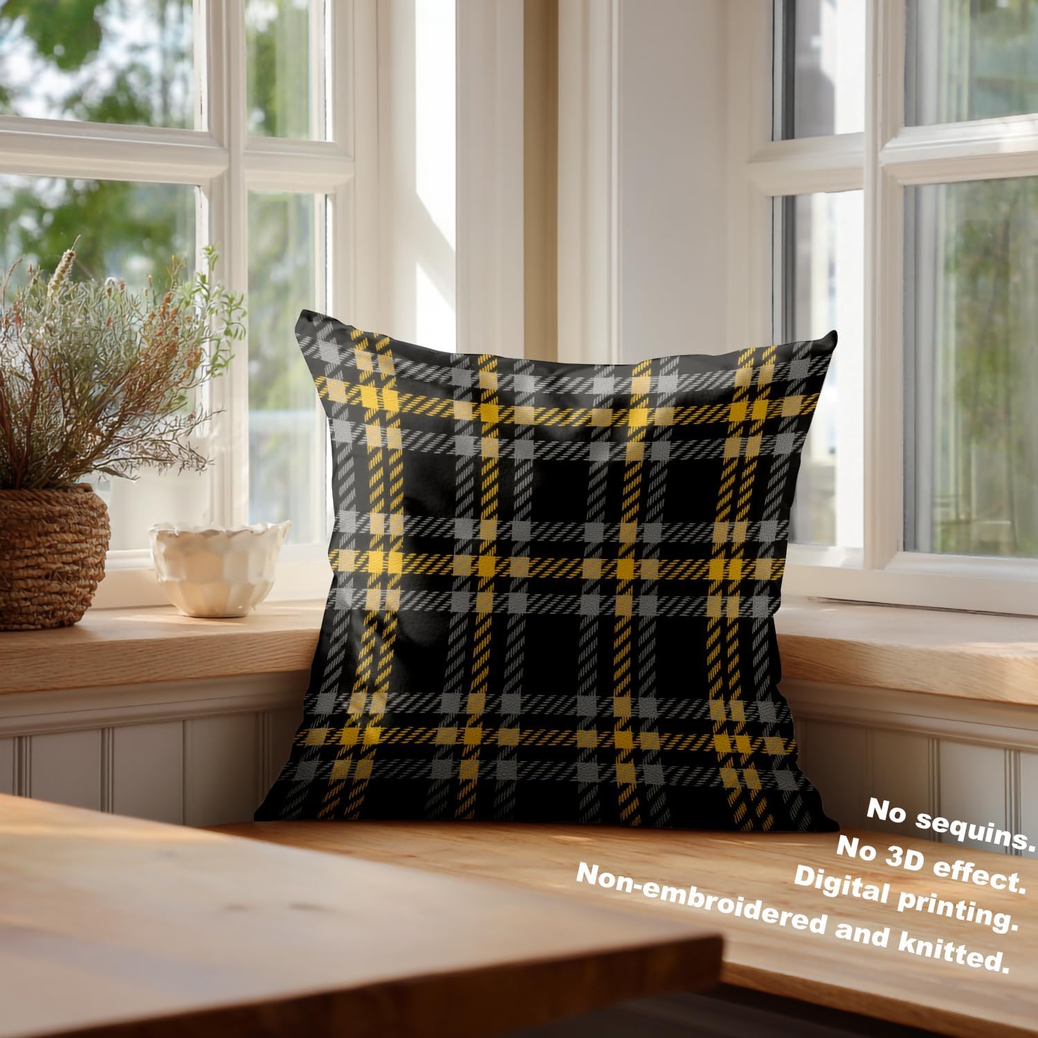 Batmerry Gray Brown Yellow Plaid Throw Pillow Covers,Houndstooth Checks in Grey Browns Decorative Pillow Covers Digital Printing Blended Fabric for Couch Sofa Bed Invisible Zipper 22X22 in