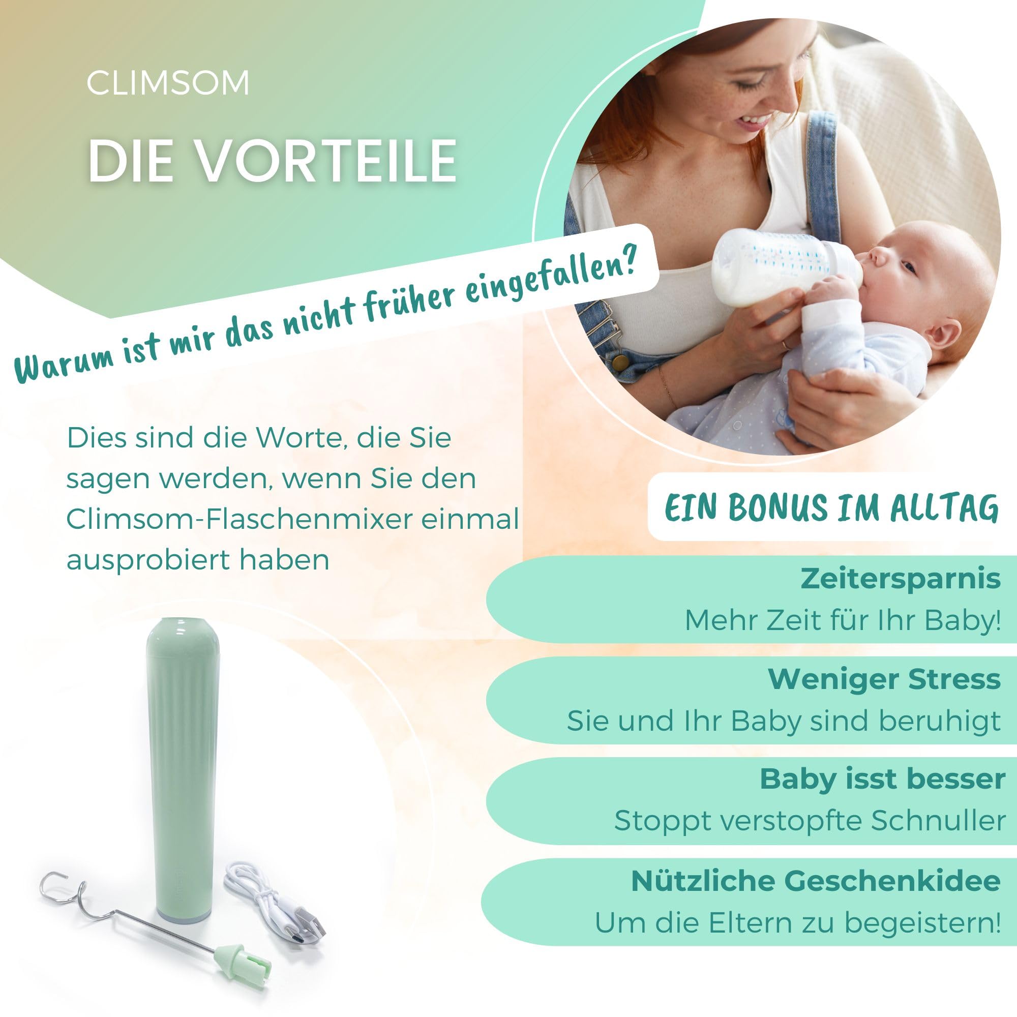 Climsom Baby-Flaschenmischer, wiederaufladbar, 3 Geschwindigkeitsstufen, homogenes Mischen, ohne Klumpen, leicht zu reinigen, für jede Art von Milch