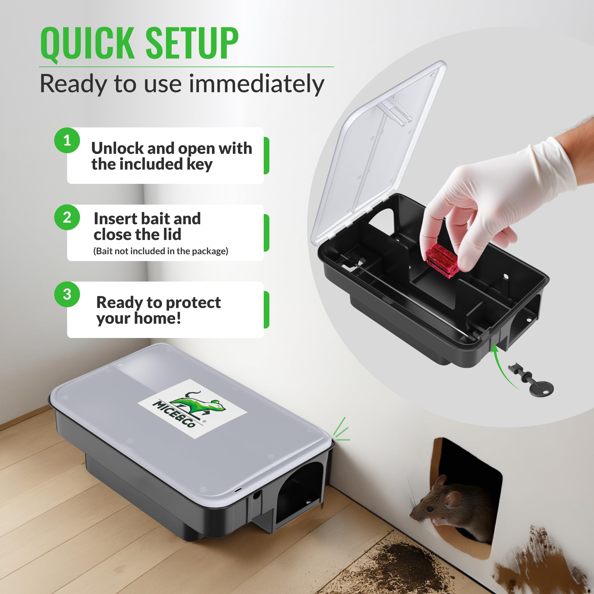 Mice&Co 4 x Bait Boxes for Rats and Mice - Professional Poison Bait Station | Effective Indoor & Outdoor Heavy Duty, Tamper Resistant & Lockable (Transparent) - Image 4