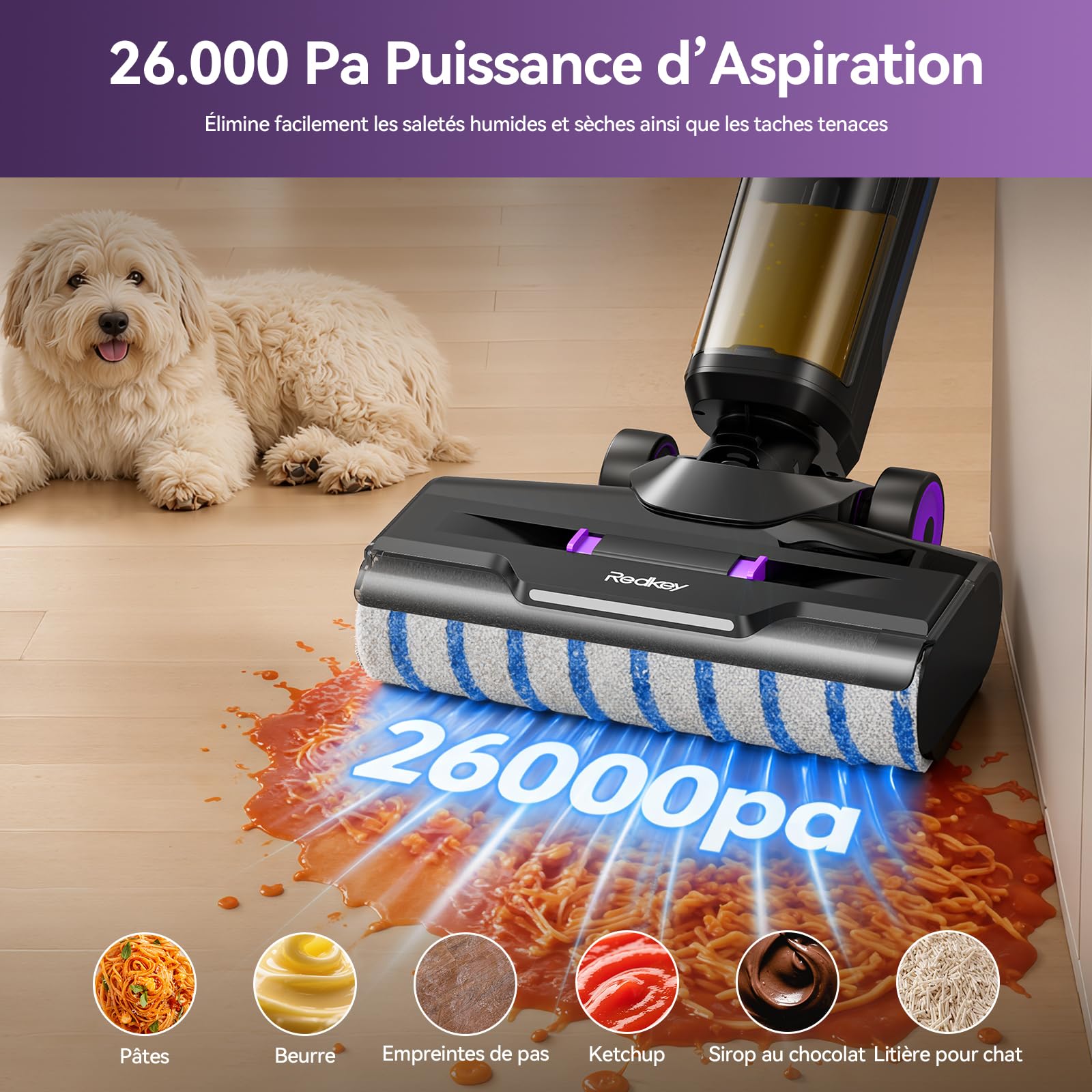 Redkey W15 Aspirateur Balai Laveur sans Fil, 26.000 Pa Balai aspirateur Laveur 3 en 1, Aspiration Puissant Eau et Poussière, 5mm Simple Lamination, Longue Autonomie, LED écran Digital, Auto-Nettoyage