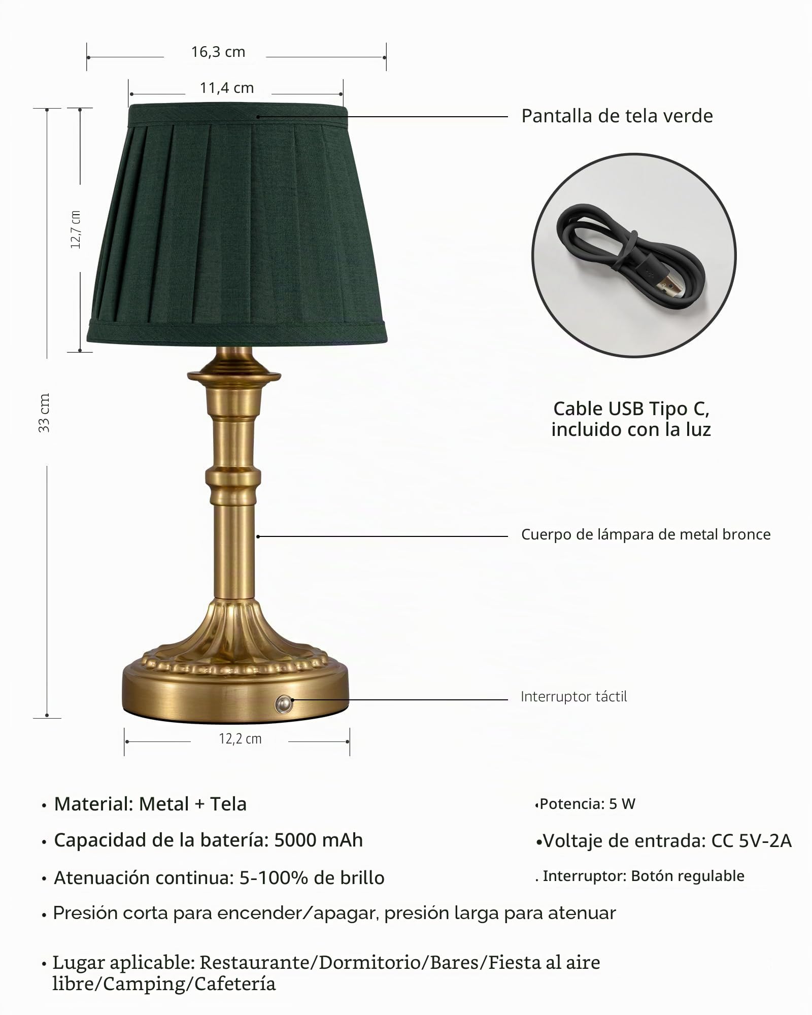 Juego de 2 lámparas de mesa inalámbricas, pantalla de tela LED, lámpara de mesa pequeña con batería, regulable sin niveles, lámpara táctil para salón, comedor, dormitorio, baño (bronce +