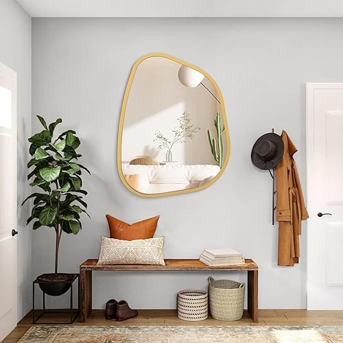 Miniatura 33 de Espejo de pared irregular de 26 x 18 pulgadas, espejo de baño grande asimétrico con marco de madera, espejos decorativos artísticos modernos