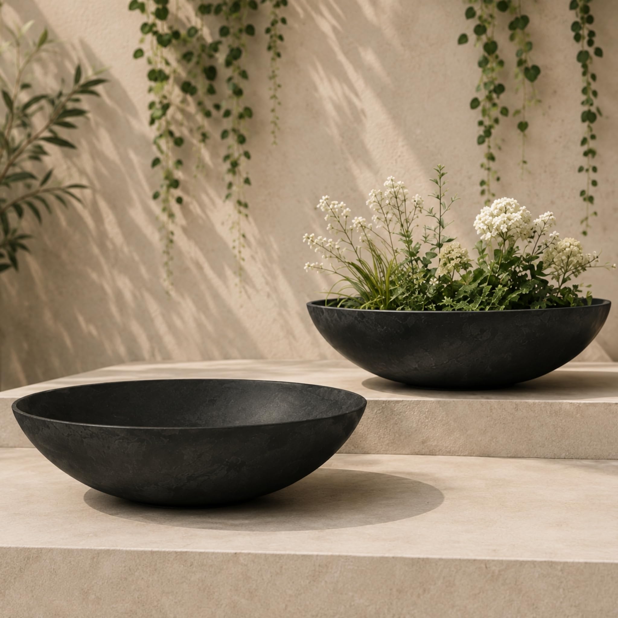 matches21 HOME & HOBBY Large Plant Bowls for Outdoor Use 45 cm Black Marbled Weatherproof Flower Bowls Decorative Bowls Set of 2 — image 1
