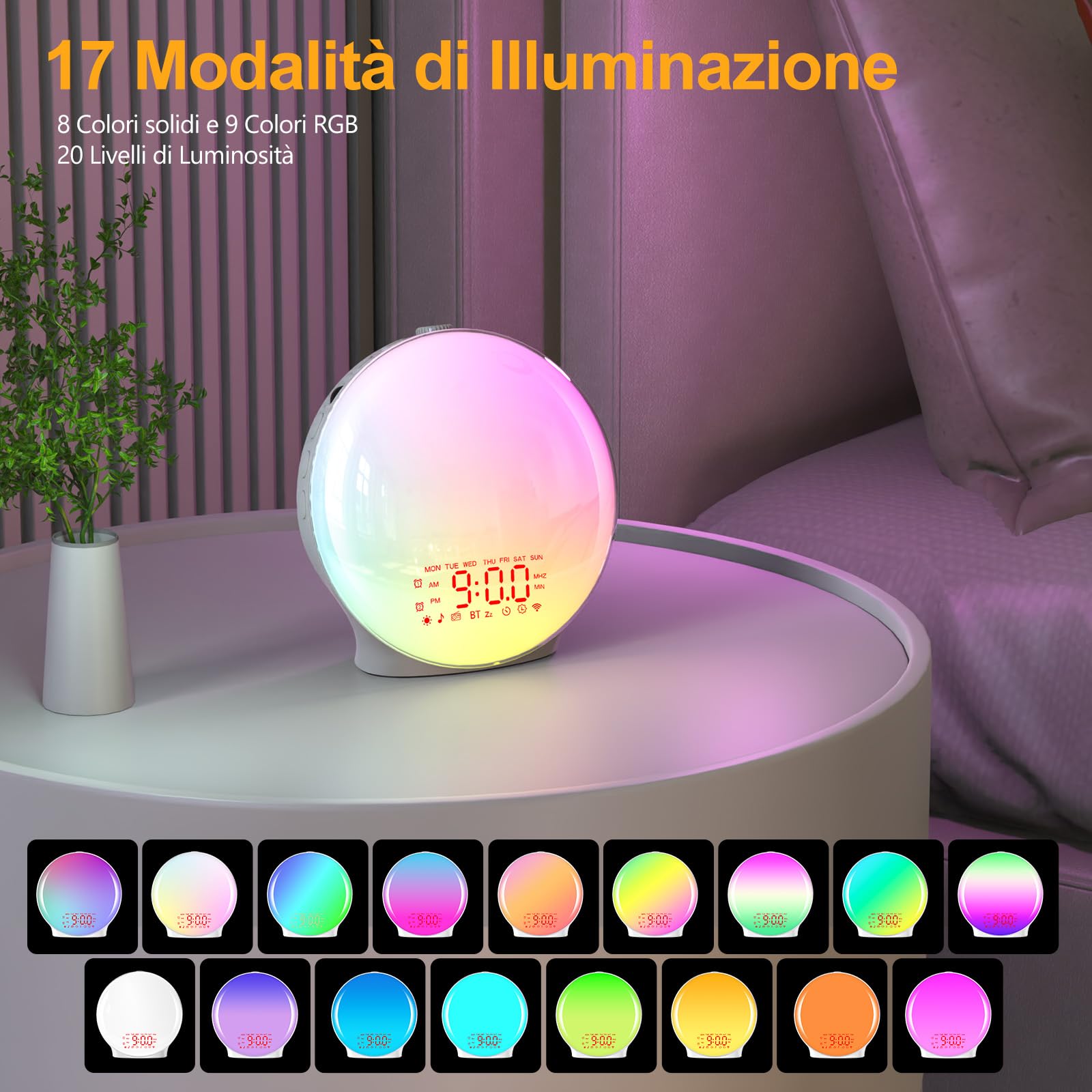 Sveglia Alba Bluetooth, Wake up Light Luce Sveglia,Sveglia da Comodino | Simulazione Alba/Tramonto, Doppio Allarme, 17 Colori, 22 Suoni Naturali, Snooze, Radio FM, Controllo Rullo