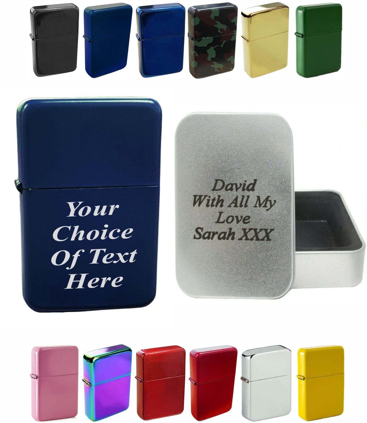 Larryroo Blue (Matte) Personalised Engraved Lighter For Birthday, Fathers Day, Anniversary, Choice Of Colours - With Customised Tin (Blue (Matte))
