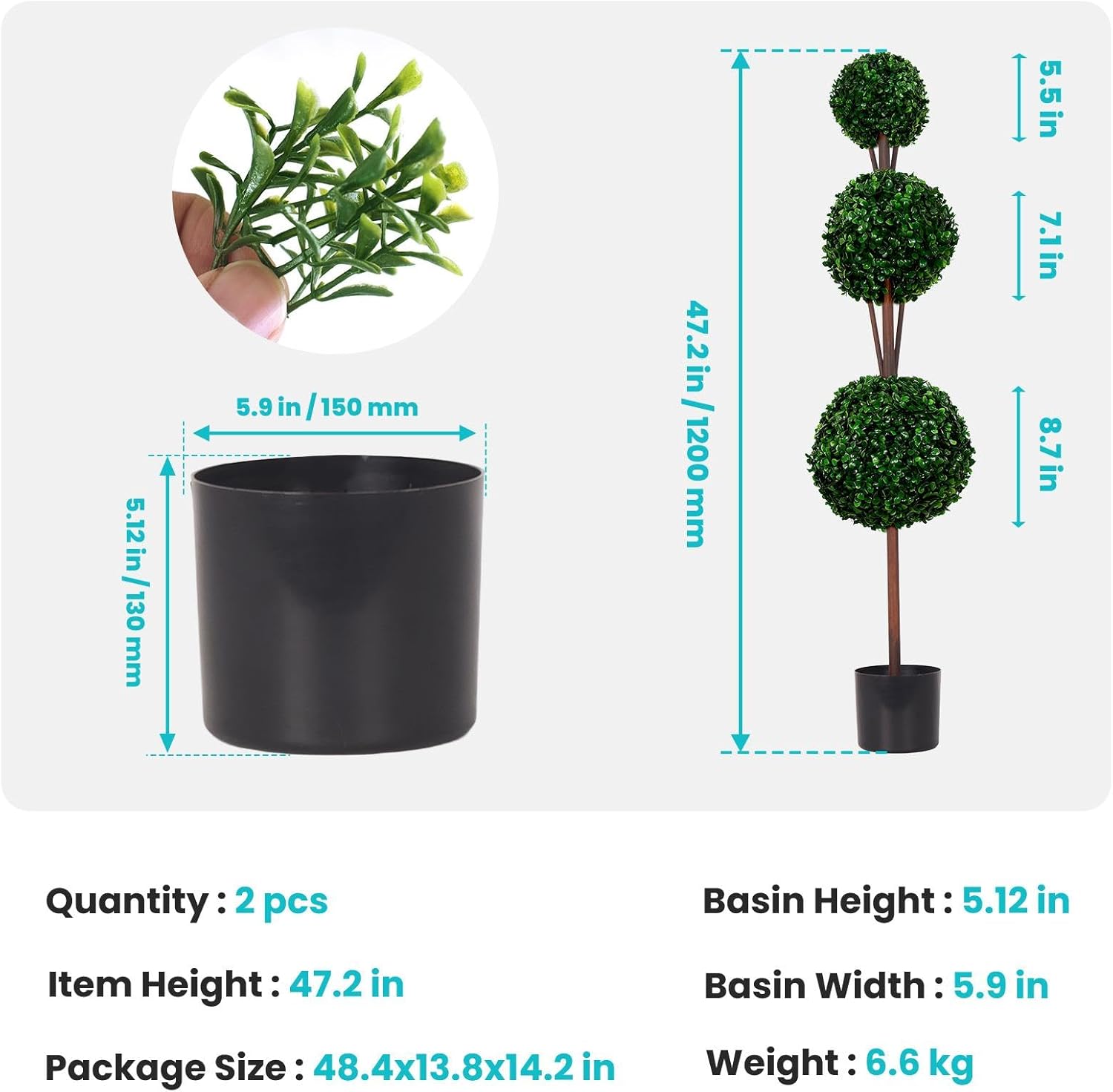 4ft Artificial Triple Ball Boxwood Topiary Tree with Planter Pot, Realistic Faux Shrub for Home Porch Garden Decor, 2 Pieces