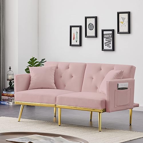 Miniatura 18 de Moderno sofá biplaza de terciopelo de 59 pulgadas con 2 bolsillos, sofá cama convertible tapizado con respaldo múltiple ajustable, sofá futón con