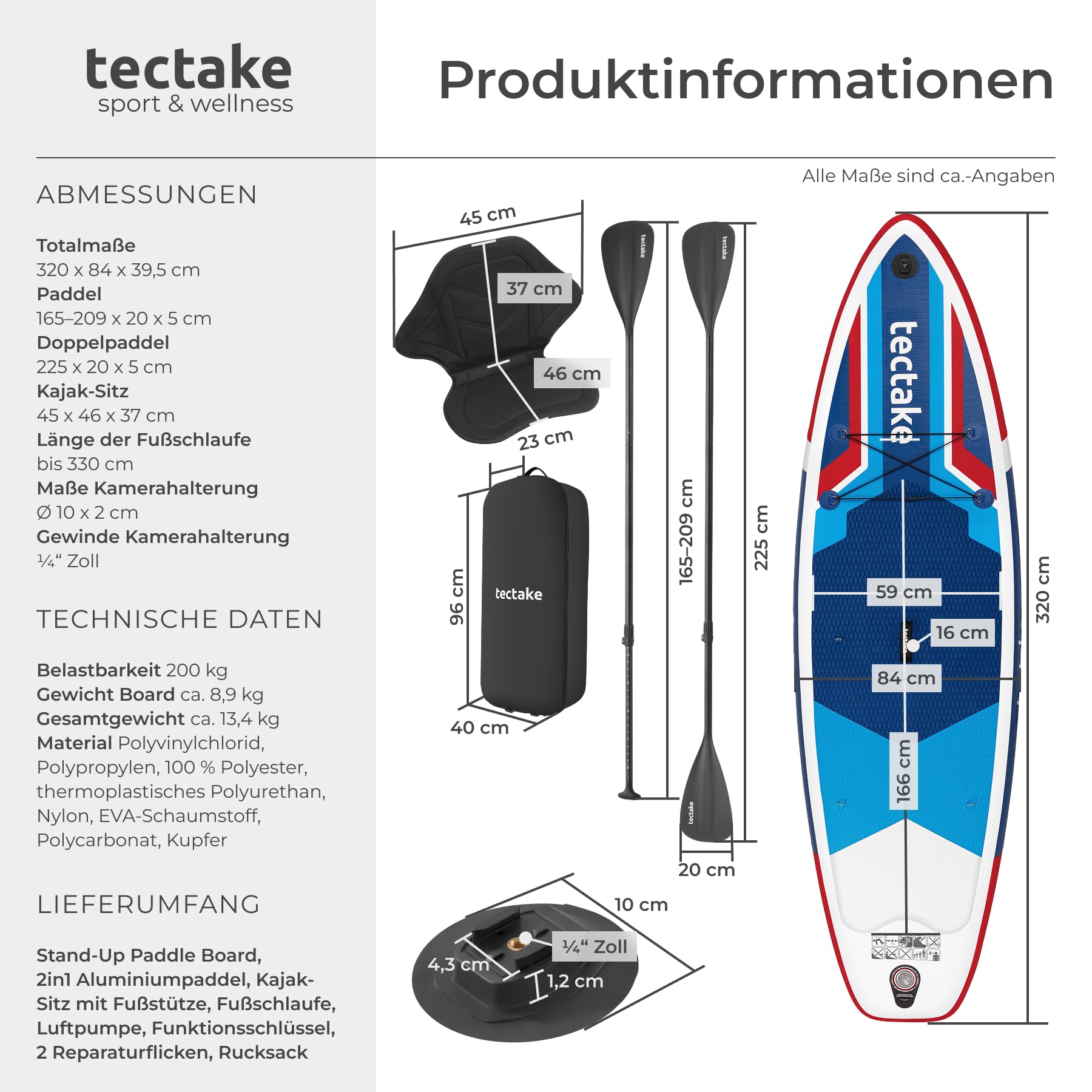 tectake® Stand-Up Paddle Board, 320 cm, aufblasbar, Kajak-Sitz, rutschfest