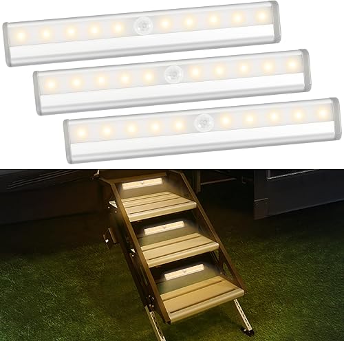 Miniatura 7 de Paquete de 3 luces con sensor de movimiento para pasos de RV, tira de luz con 10 LED alimentada por batería, luz de movimiento activada por sensor