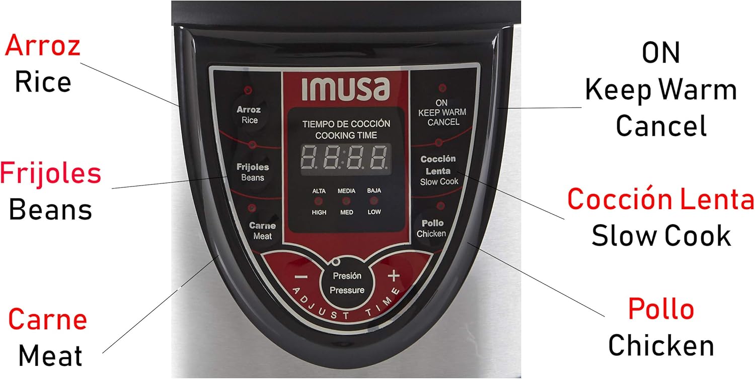 Close-up of the Imusa GAU-80106 digital control panel with bilingual labels for Rice, Beans, Meat, Chicken, Slow Cook, Keep Warm, and Cancel functions.