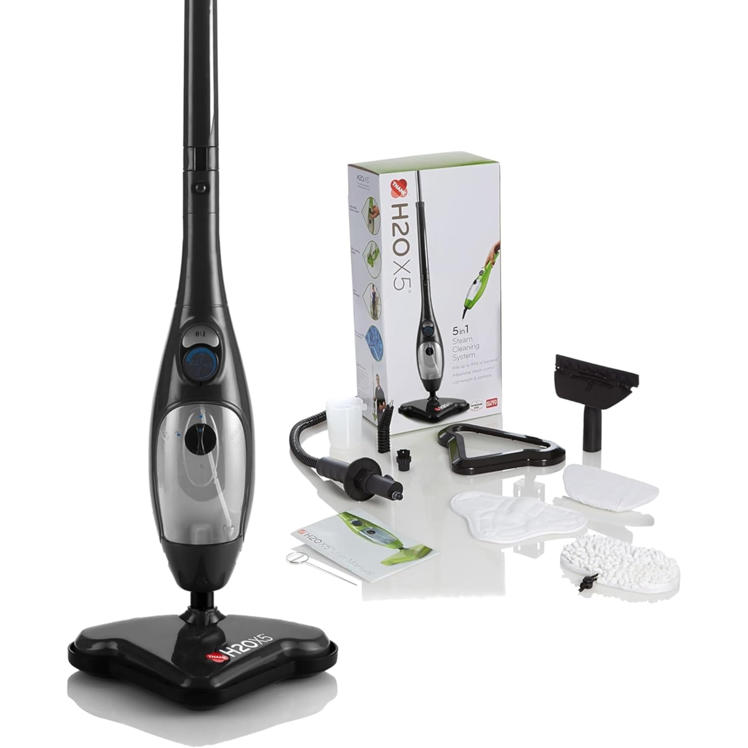 H2O X5® Dampfbesen & Handdampfreiniger – Hygienische Reinigung ohne Chemie – 12-tlg. Zubehör – 1300W (Schwarz)