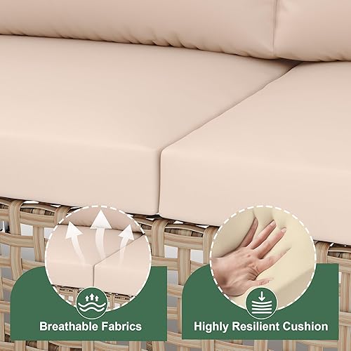 Miniatura 4 de Juego de muebles de patio, sofá al aire libre con mesa de café de cristal y cojín grueso, juego de sofá chaise longue de mimbre, juego de