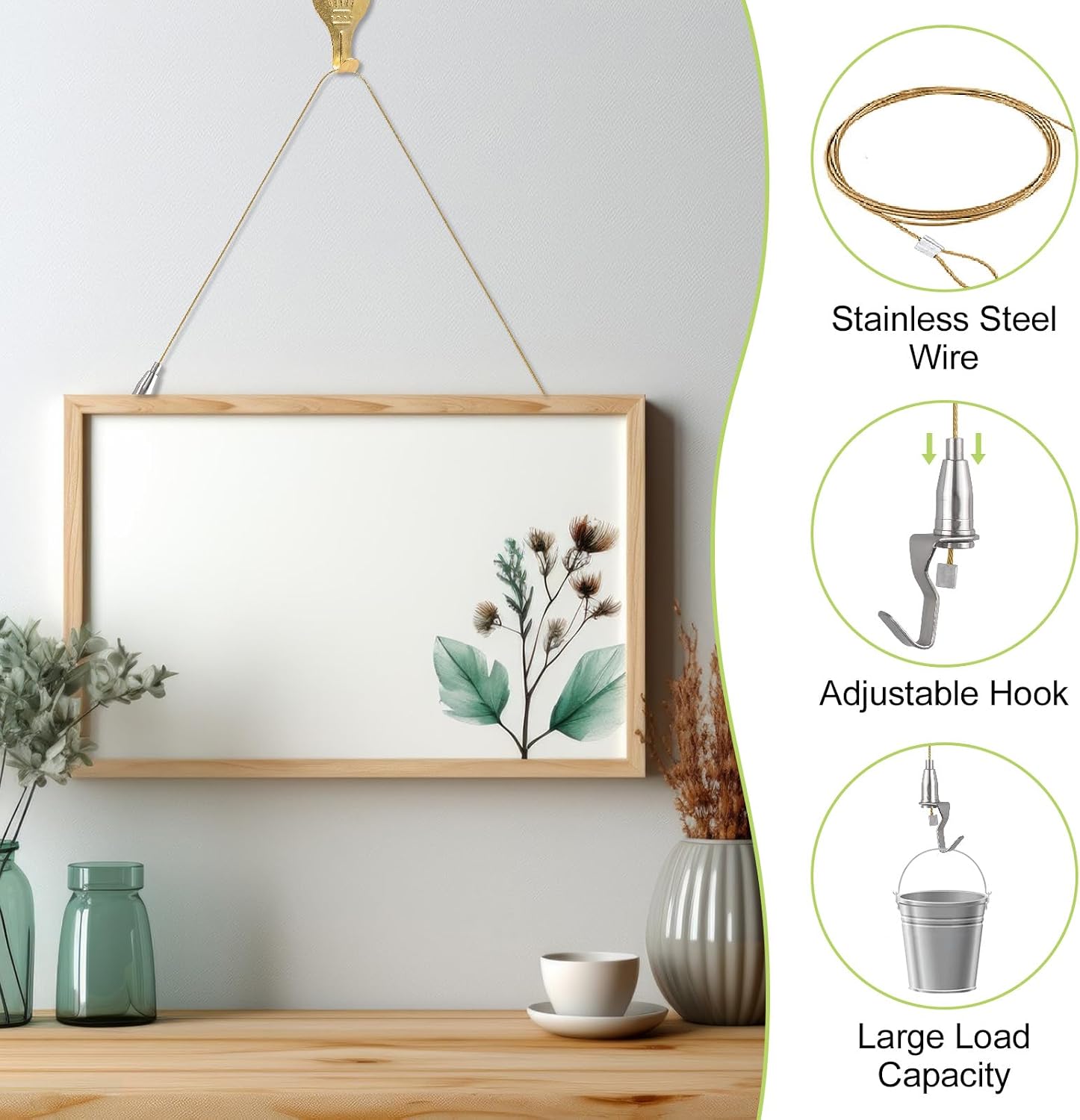 6 Picture Hanging Kits with Hooks, Adjustable Brass Hanger Wire Rope Kit Professional Art Picture Display Kit for Wall Picture Exhibition(1M,Gold+Silver) image 3