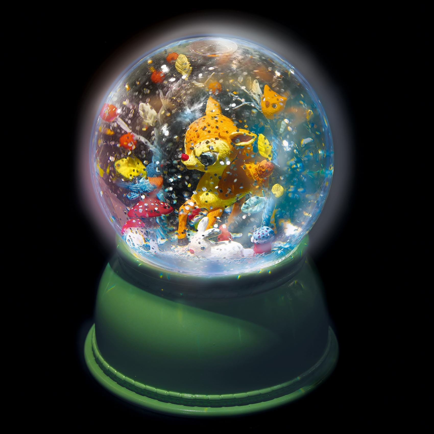 DJECO, Veilleuse Enfant Boule à Neige, Faon, Vert | Confort Apaisant pour Sommeil, Minuterie 45 Min, Moteur Silencieux, Lumière Changeante, Idéal Cadeau Naissance