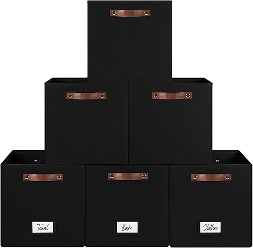 Paquete de 6 cubos de almacenamiento plegables de tela con asas y soportes para etiquetas, cubos organizadores para el hogar (negro, 13 x 13 x 13