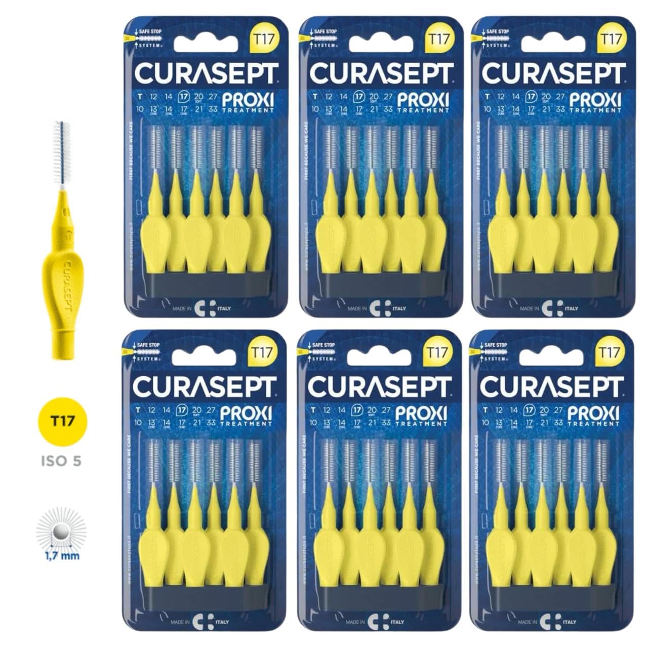PROMO 6 CONFEZIONI Scovolini CURASEPT Originali | Spazzolini interdentali Proxi T17 (filo 1,4 mm) | Giallo | Pulizia Profonda della Placca | 6 pz x Confezione - 36 scovolini