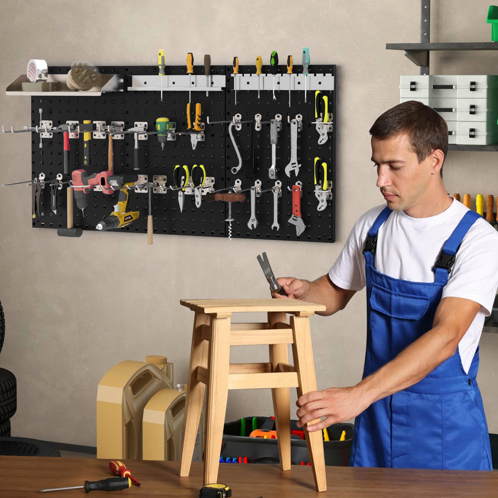 Toolsempire Pegboard Wall Organizer, 3 Pieces Metal Pegboard Panels with 25 Hooks, Storage Platform & Square Hole, Pegboard Kit for Utility Tools, Garage & Workshop(Black)