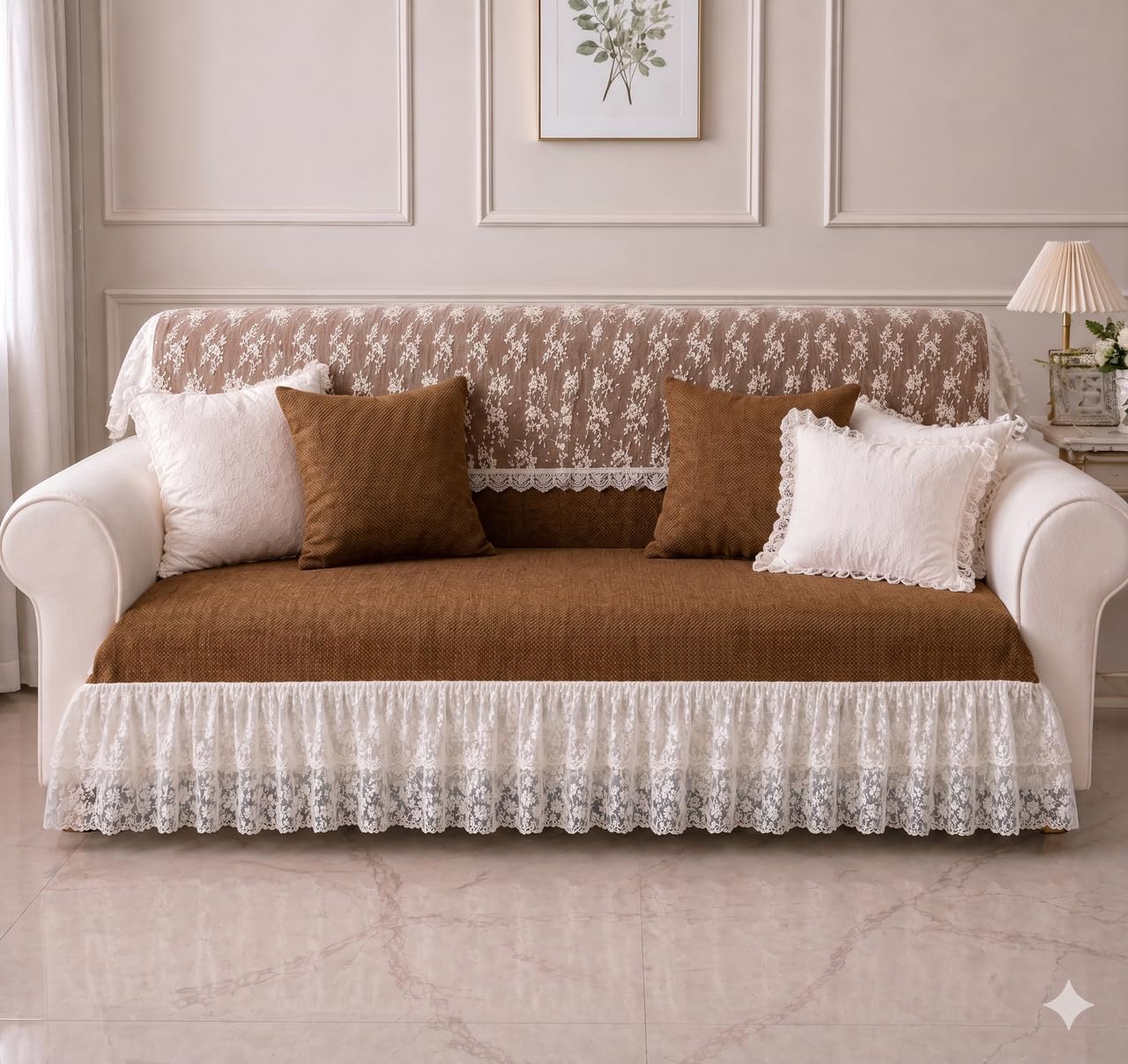 Almond Brown Sofa Cover 6 Seater Set with Lace Frill |3+2+1 French Coutry Sofa Throw |12-Piece Set with 3 Seat, 3 Back & 6 Armrest Cover |321 French Sofa Throw for 6 Seater |Decorative Sofa Runner-image-1