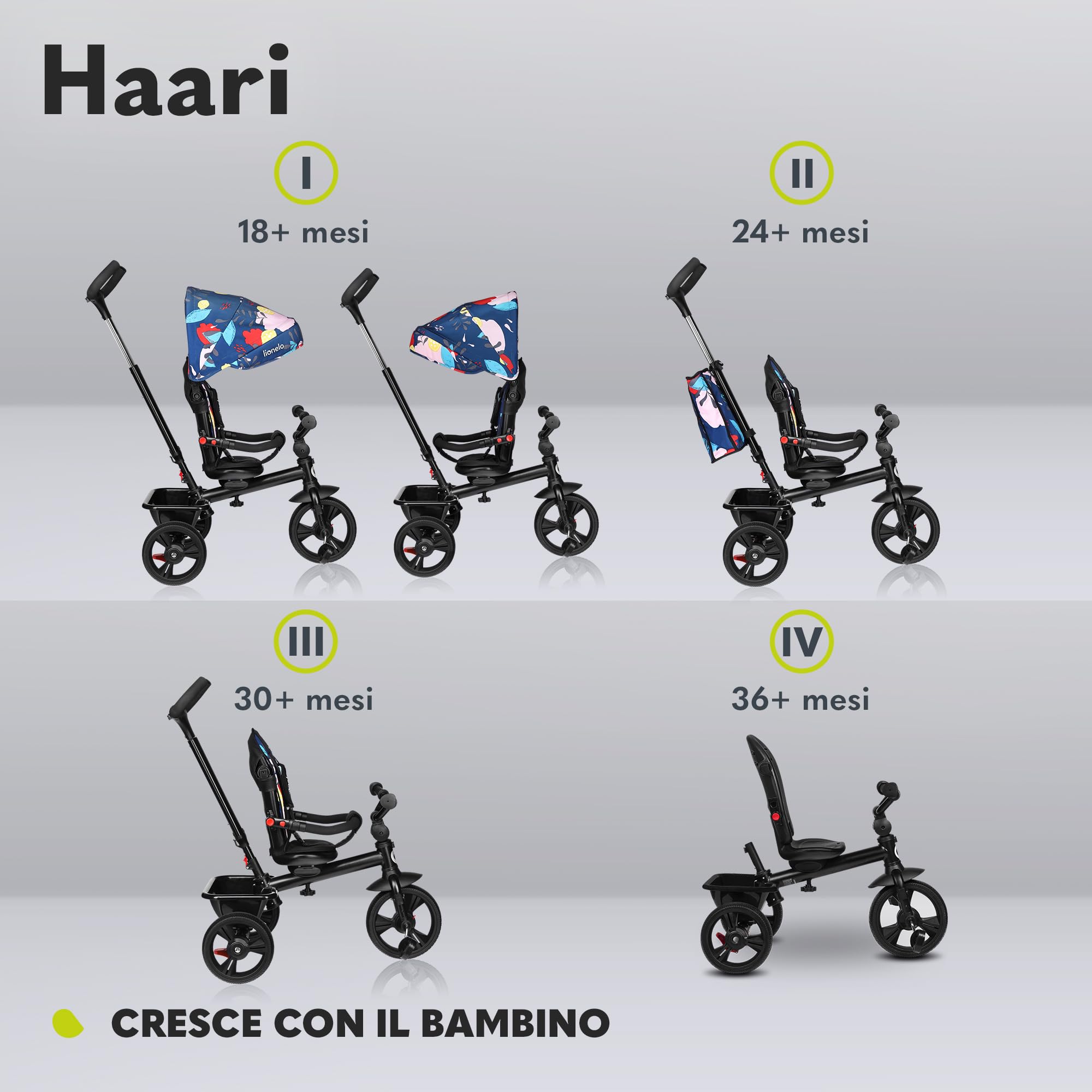 Lionelo Haari 2 in 1 Triciclo bici e passeggino fino a 25kg, Pieghevole, Fronte mamma e fronte strada, Regorabile compatto con Borsa e portabibite, Cinture a 3punti Triciclo per bambini da 1 a 5 anni