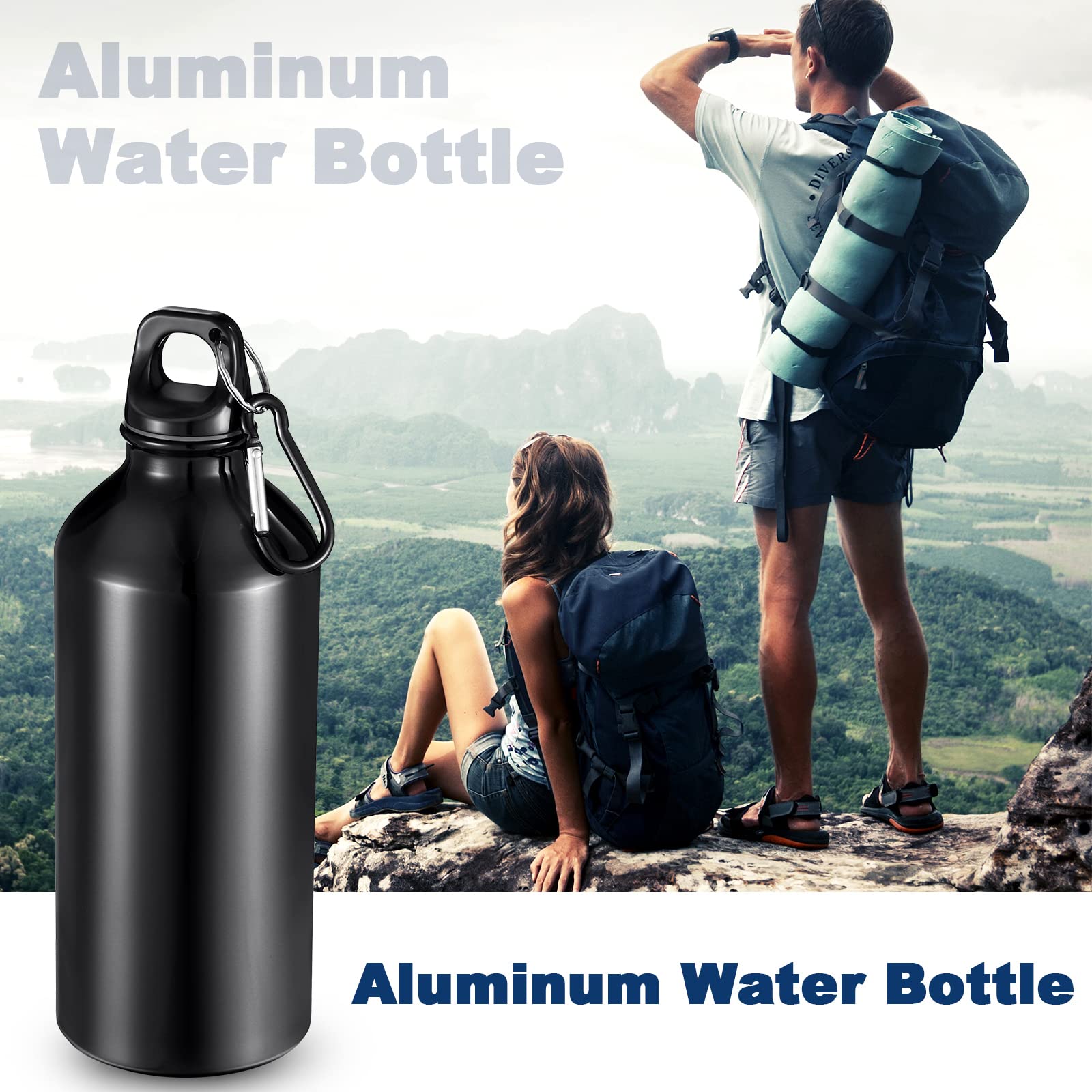 10 bottiglie in alluminio da 567 ml, in alluminio, leggero, riutilizzabili, a prova di perdite, in alluminio, con tappo a torsione e fibbia per campeggio (nero)