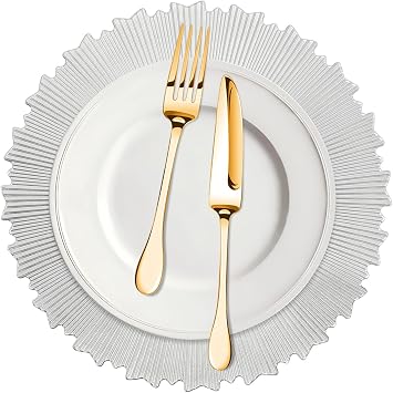 50PCS Round Charger Plates Bulk, 13Inch Reusable Wedding Chargers Plates Set, Shiny Texture Strip Serving Plate for Dining Party Event Tabletop Setting DecorSilver