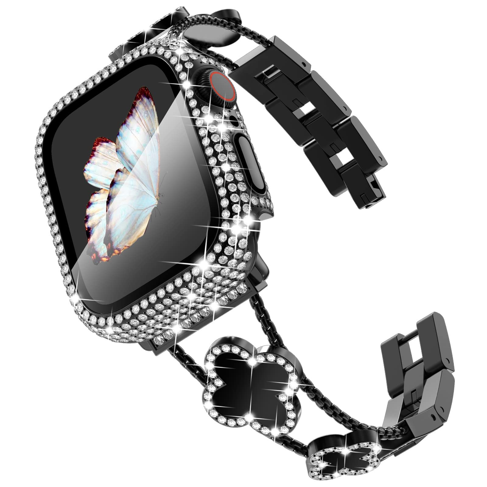 Surace Compatible with Apple Watch Bands 44mm for Women, Jewelry Diamond Rhinestone Stainless Steel Metal Wristband Strap with Bling PC Protective