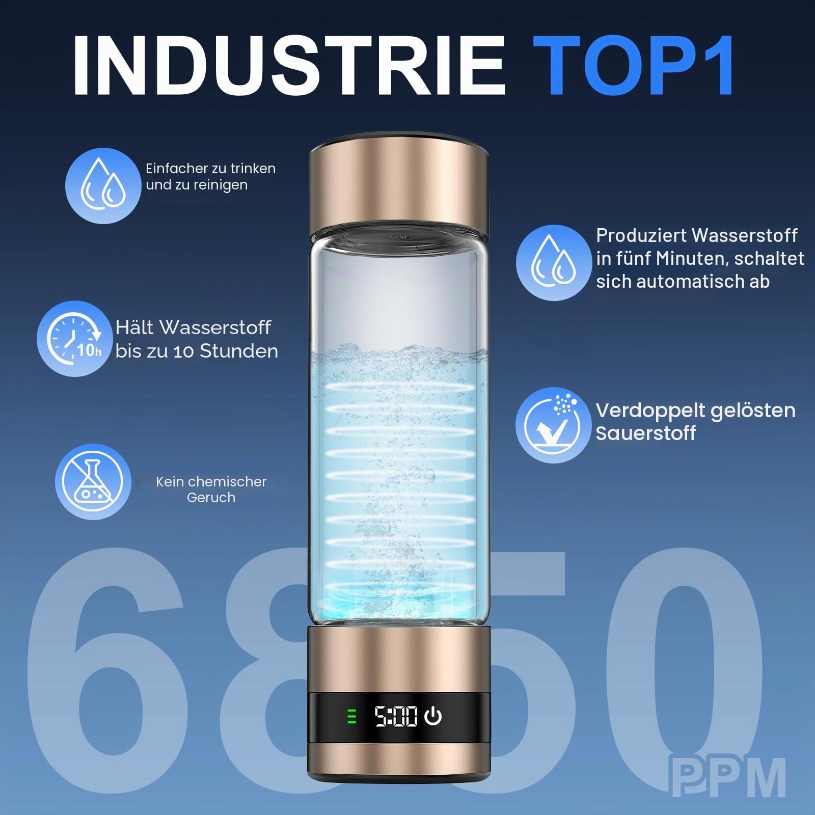 Wasserstoff-Wasserflasche Generator mit PEM-Technologie, Digitalanzeige, H2-Konzentration bis 6,85 PPM, 2025 Neu, Gold