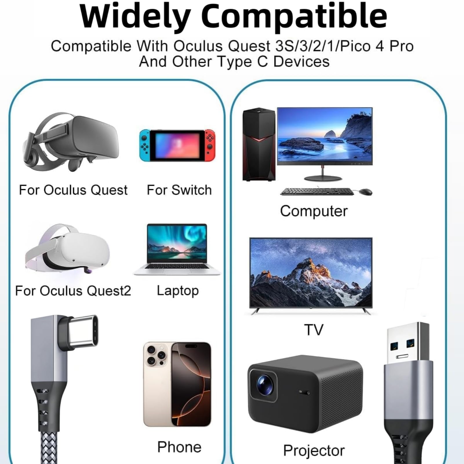 Cable Link de 3 Metros para Oculus/Meta/Quest 3S/3/2/1/Pico 4 Pro, Cable Link USB 3.1 a USB C, 5Gbps Transferencia de Datos de Alta Velocidad,Carga Rápida 60W 3A,Compatible con PC Steam VR Accesorios
