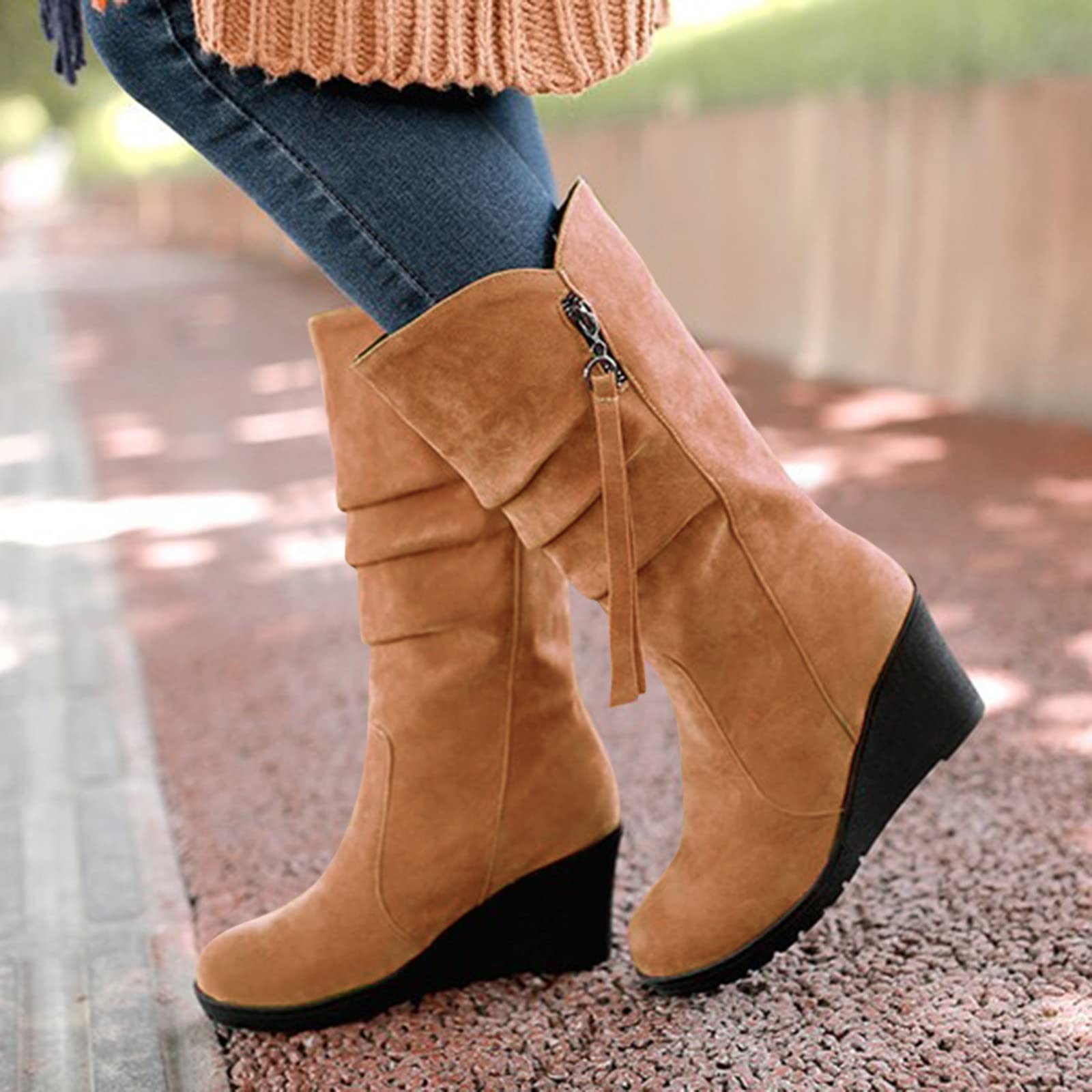 Botas Plisadas Cuñas Cuero Mujer, Botín Antiderapante Mujer Invierno, 2025 Nuevo Botines Chic Versátil Bota Casual Ancho Boot Uni Zapato Plataforma Bota Elegante Bota
