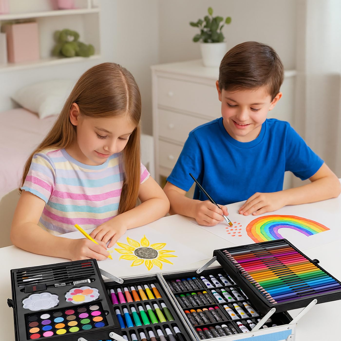 Maverton Valigetta Colori Personalizzata - Azzurra o Rosa a 2 Piani - Set Pittura e Disegno - Kit Matite Colorate Pastelli Pennarelli Colori a Matita - Regalo Bambini Compleanno