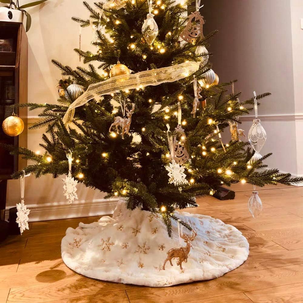 Albero di Natale in peluche, 122 cm, colore: oro con fiocchi di neve, gonna per albero di Natale, decorazione natalizia (122 cm, fiocchi di neve dorati