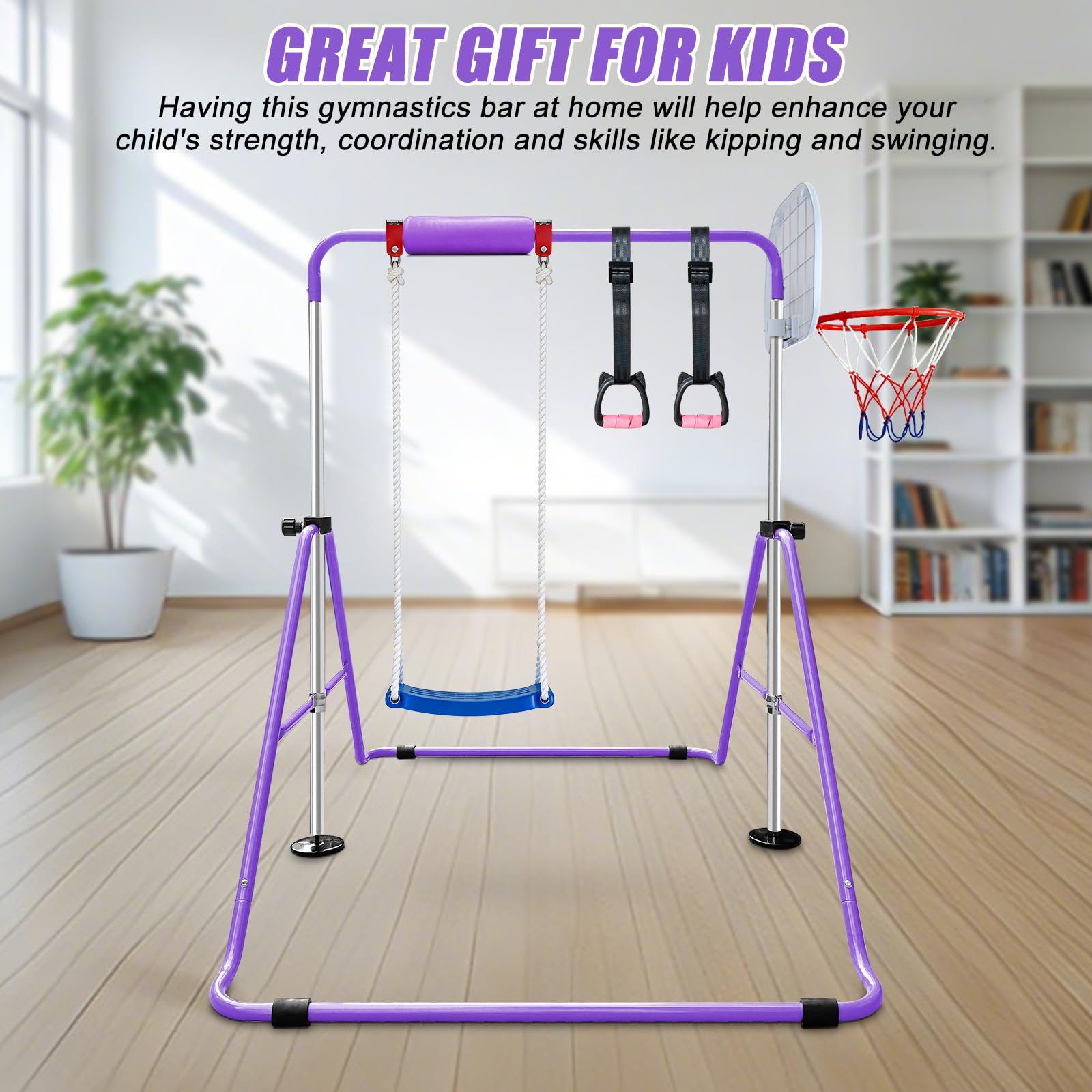 Triclicks Barre de Gymnastique pour Enfants, Barre d'entraînement Pliable avec Hauteur réglable, Barres Horizontales Extensibles pour Enfants, Filles, garçons (Violet 2)