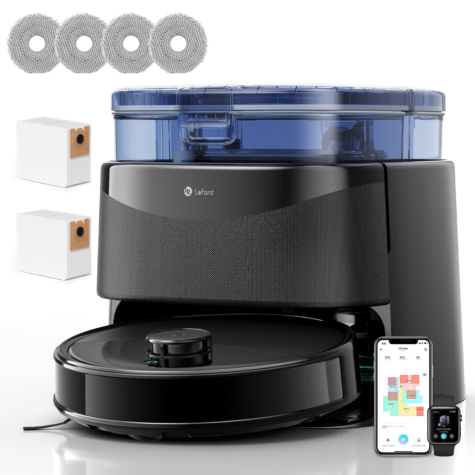 Lefant M3 Robot Aspirapolvere Lavapavimenti con Mappatura, LiDAR dToF 360°, 12000Pa, Stazione All-in-One, Autosvuotamento 3.2L, Lavaggio Mop 45°C e Asciugatura, Ostacoli PSD, WiFi 2.4G/5G, Alexa/APP