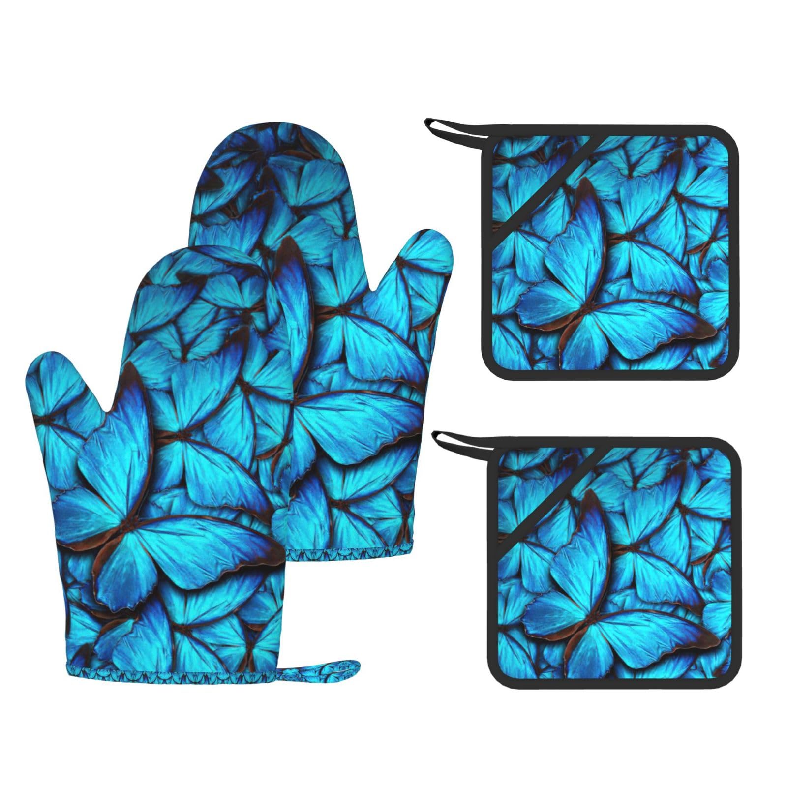 Many Blue butterfly Trendy Printed Kitchen Set with Heat Resistant Gloves & Non-Slip Hot Pads for Baking & Grilling