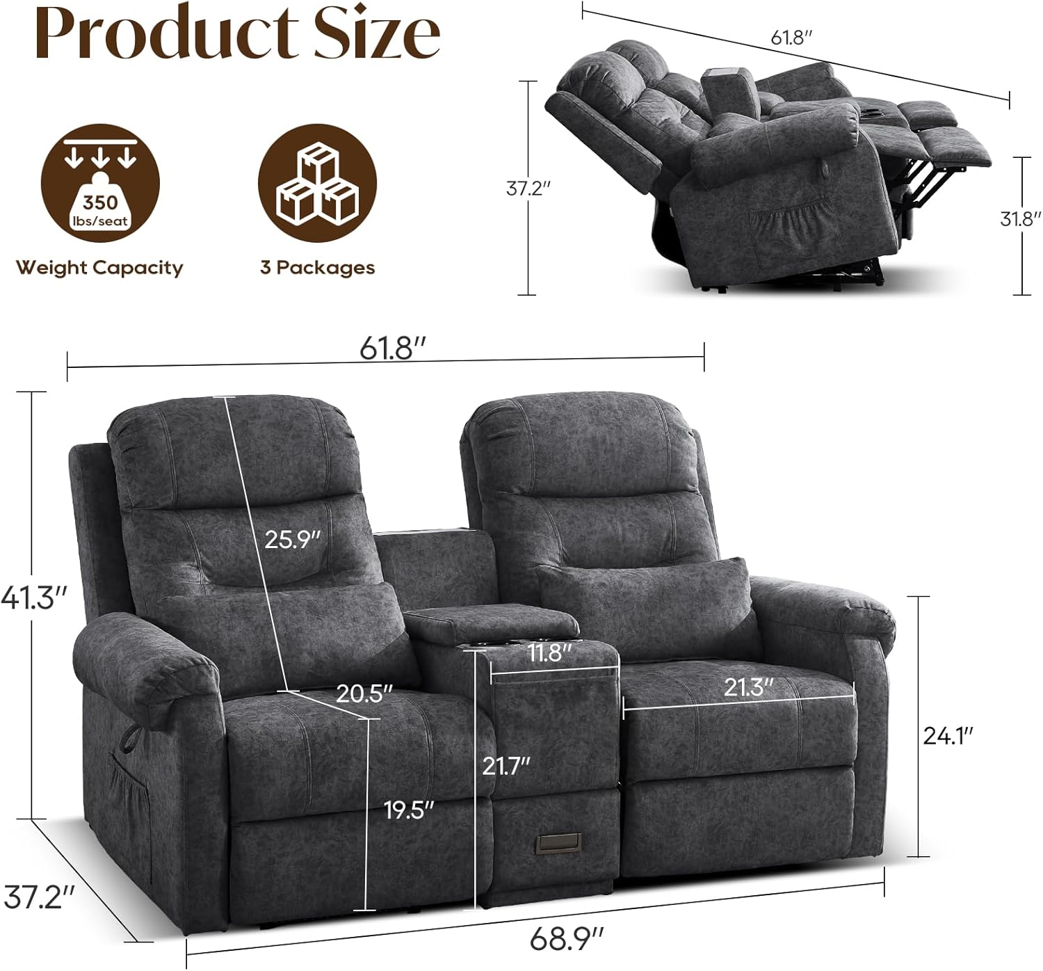 Power Lift Recliner Loveseat Chair, Dual Motor Electric Recliner Sofa with Massage & Heat, Independent Double Reclining Seating w/Remote, USB, Cup Holders, Theater Seating