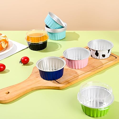 Miniatura 3 de Mini tazas de papel de aluminio para hornear cupcakes con tapas (40 unidades, 5 onzas), forros redondos de papel de aluminio para cupcakes, soporte