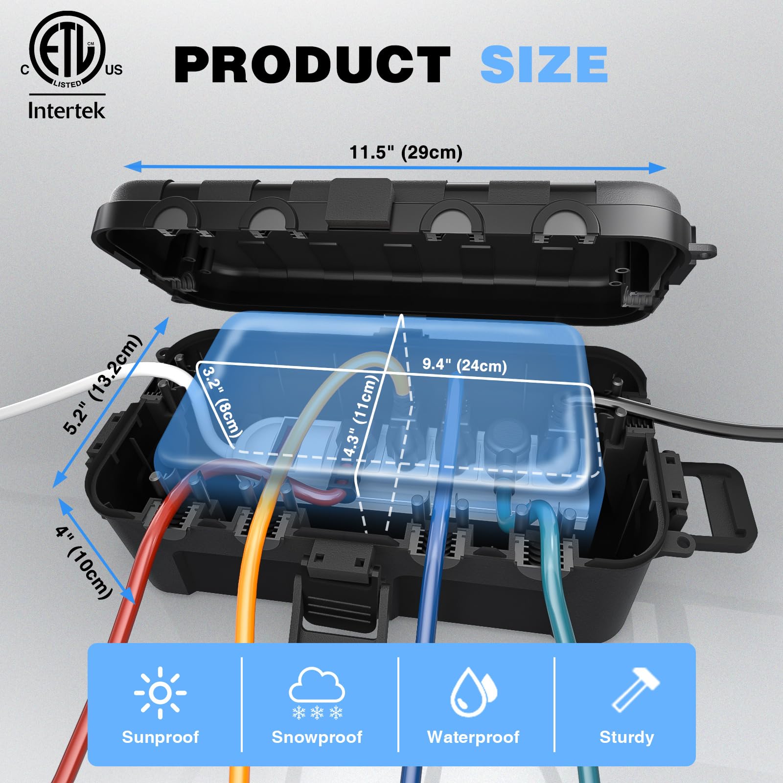 Flemoon Medium Outdoor Electrical Box, ETL Certified IP54 Waterproof Extension Cord Cover w/6 Cable Entry Ports, Weatherproof Connection Box for Power Strip, Timer, Plug, Holiday Lights, Black — Amazon image 3