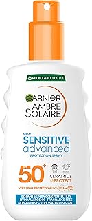 Garnier Ambre Solaire SPF 50+ Sensitive Advanced Sun Cream Spray, Factor 50, Water Resistant & Non Greasy Sunscreen, No Fragrance, UVA & UVB Protection, Approved by Cruelty Free International, 150ml