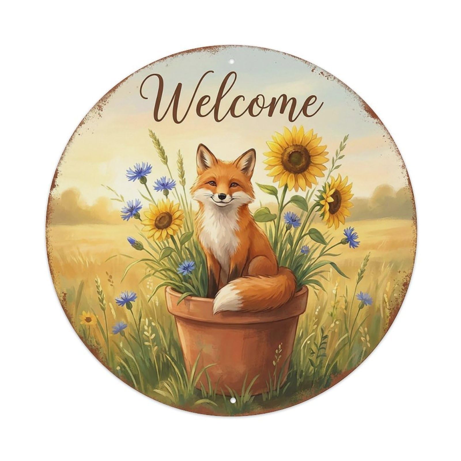 Welcome Fox Sunflower Field Vintage Metal Tin Sign Plaque Wall Decor for Cafe, Club Bar, Office, Garden Metal Poster 8x8Inch