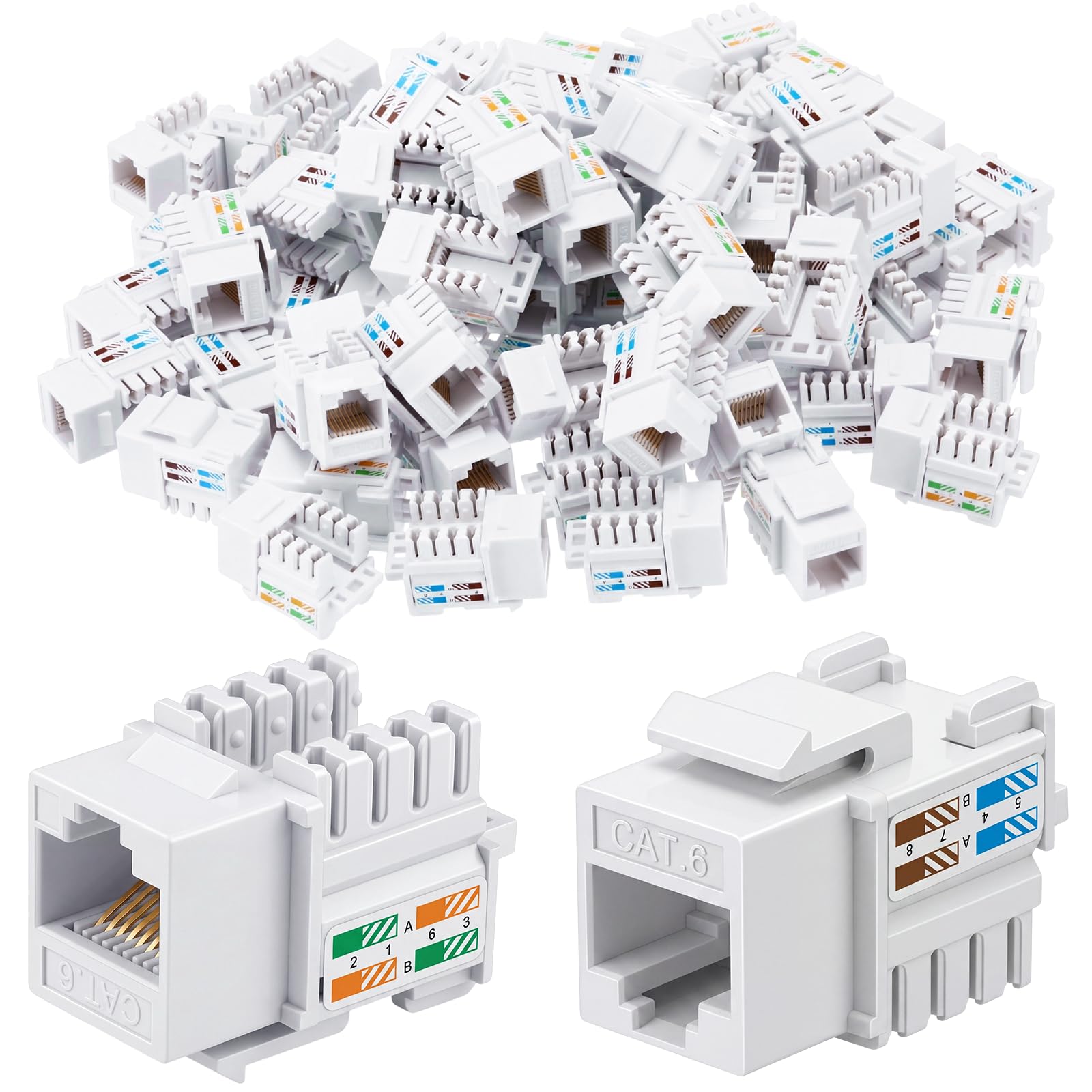 Hoteam 125 conectores Keystone Cat6, acoplador modular Ethernet Rj45, conector UTP de 90 grados para placa de pared, panel y caja de montaje en superficie (blanco)