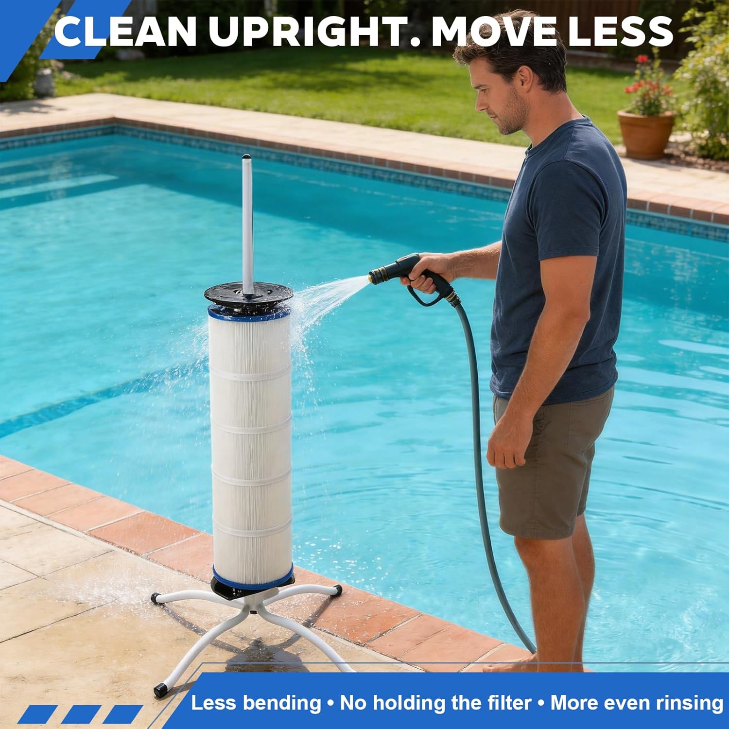 Skimzy Pool Filter Cleaning Stand with Support Bar, Lay-Down Stand for Heavy Wet Cartridge Filters, Stainless Steel Center Post, Fits 3"/4"/6" Core Filters up to 35"