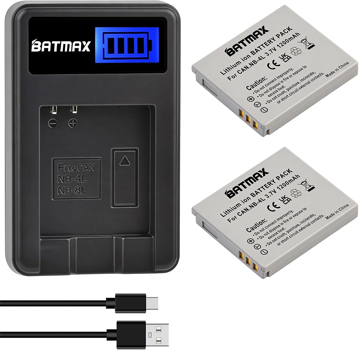 Batmax 2Pcs NB-4L Battery + LCD USB Charger for Canon PowerShot ELPH 100 HS,300 HS,SD400,SD600,SD750,SD780 is,SD960 is,SD1000,SD1100 is,310 HS,SD30,SD40,SD200,SD300