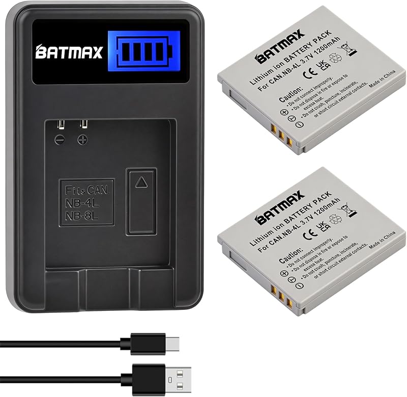Batmax 2Pcs NB-4L Battery + LCD USB Charger for Canon PowerShot ELPH 100 HS,300 HS,SD400,SD600,SD750,SD780 is,SD960 is,SD1000,SD1100 is,310 HS,SD30,SD40,SD200,SD300