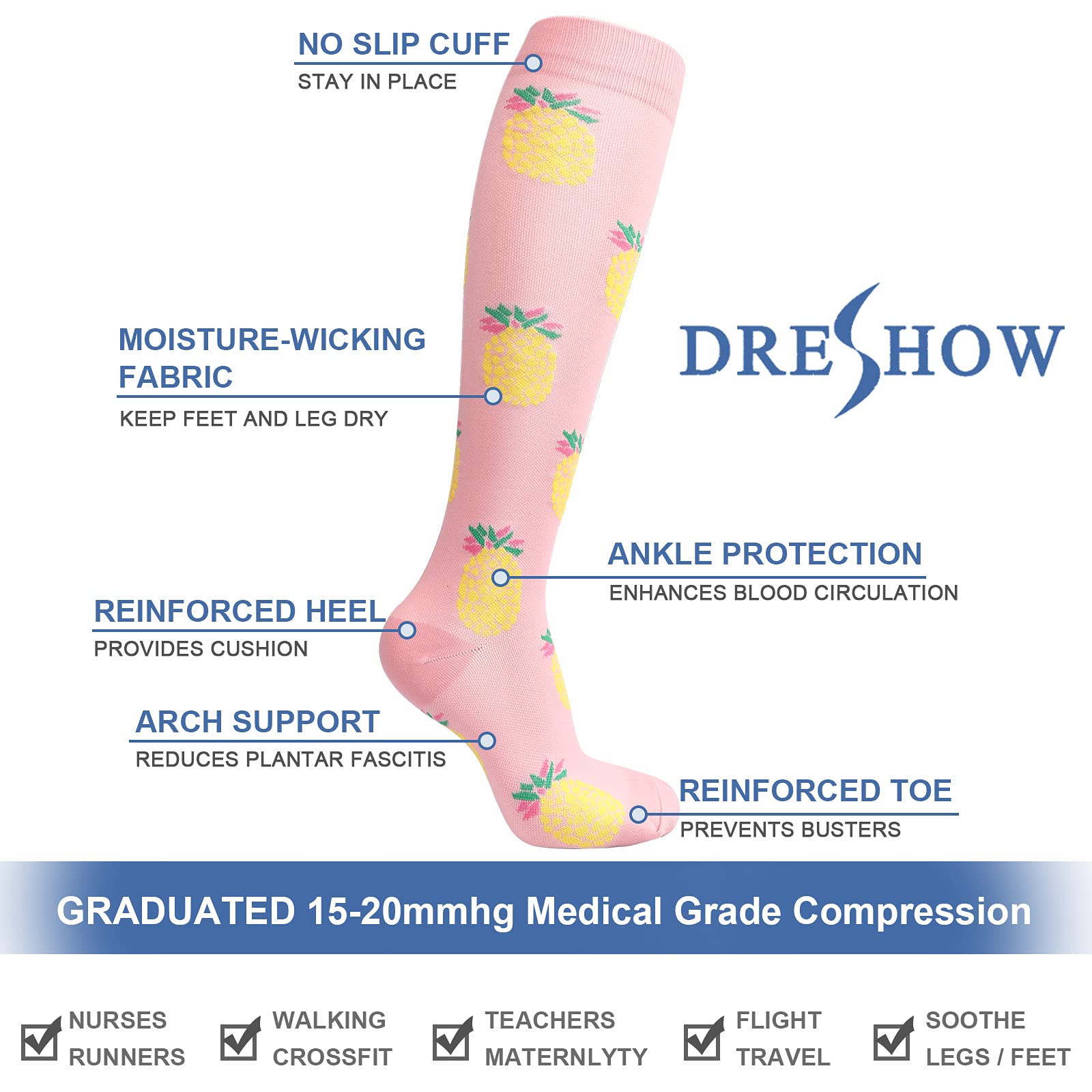 DRESHOW Calcetines de Compresión para Hombres y Mujeres Calcetines de Compresión es el Mejor para Running, Correr, Senderismo, Volar, Viajar