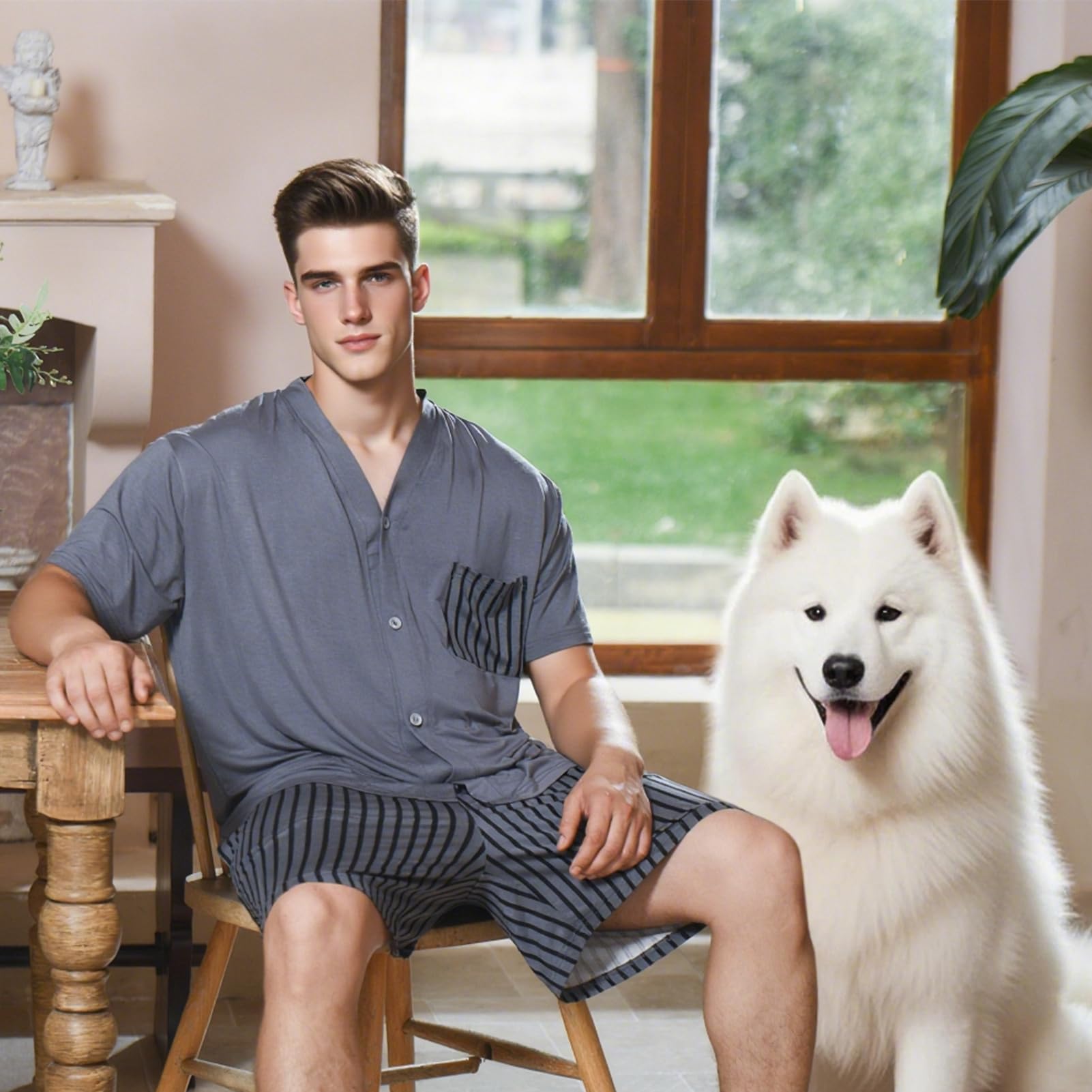 Donfri Pigiama da Uomo in Modal con Pantaloncini e Maglietta da Uomo, Morbido Abbigliamento da casa con Scollo a V con Chiusura a Bottoni, Abbigliamento Estivo da Notte