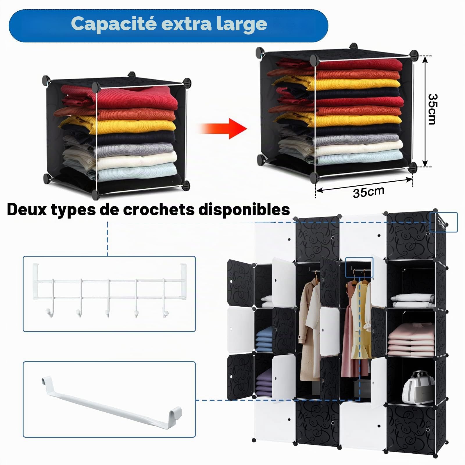 LZQ Armoire Multi-Usages - Système d'Étagères en Plastique - Avec Porte, 20 Cubes et Tringle à Vêtements - Pour Chambre à Coucher - Étagère de Rangement Étanche à la Poussière