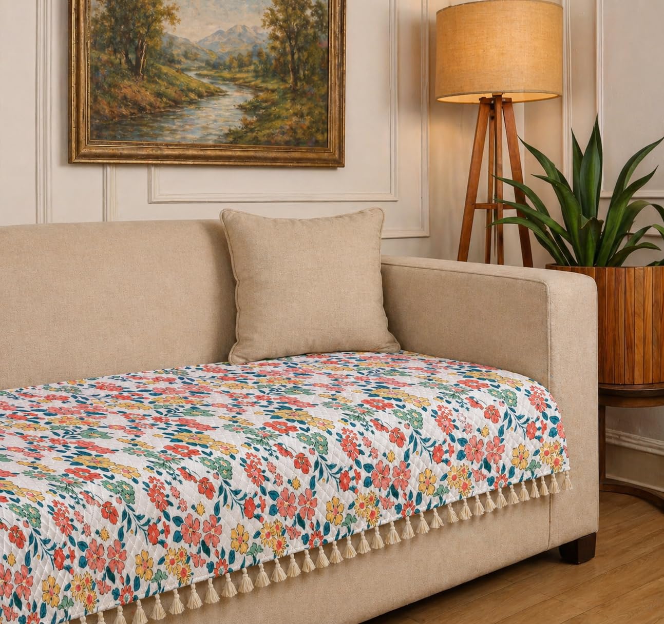 Roseate Quilted Velvet Sofa Cover (3 Seater/ 70"x27") Sofa Protector for Living Room/Bedroom interiors (Summer) with Tassels