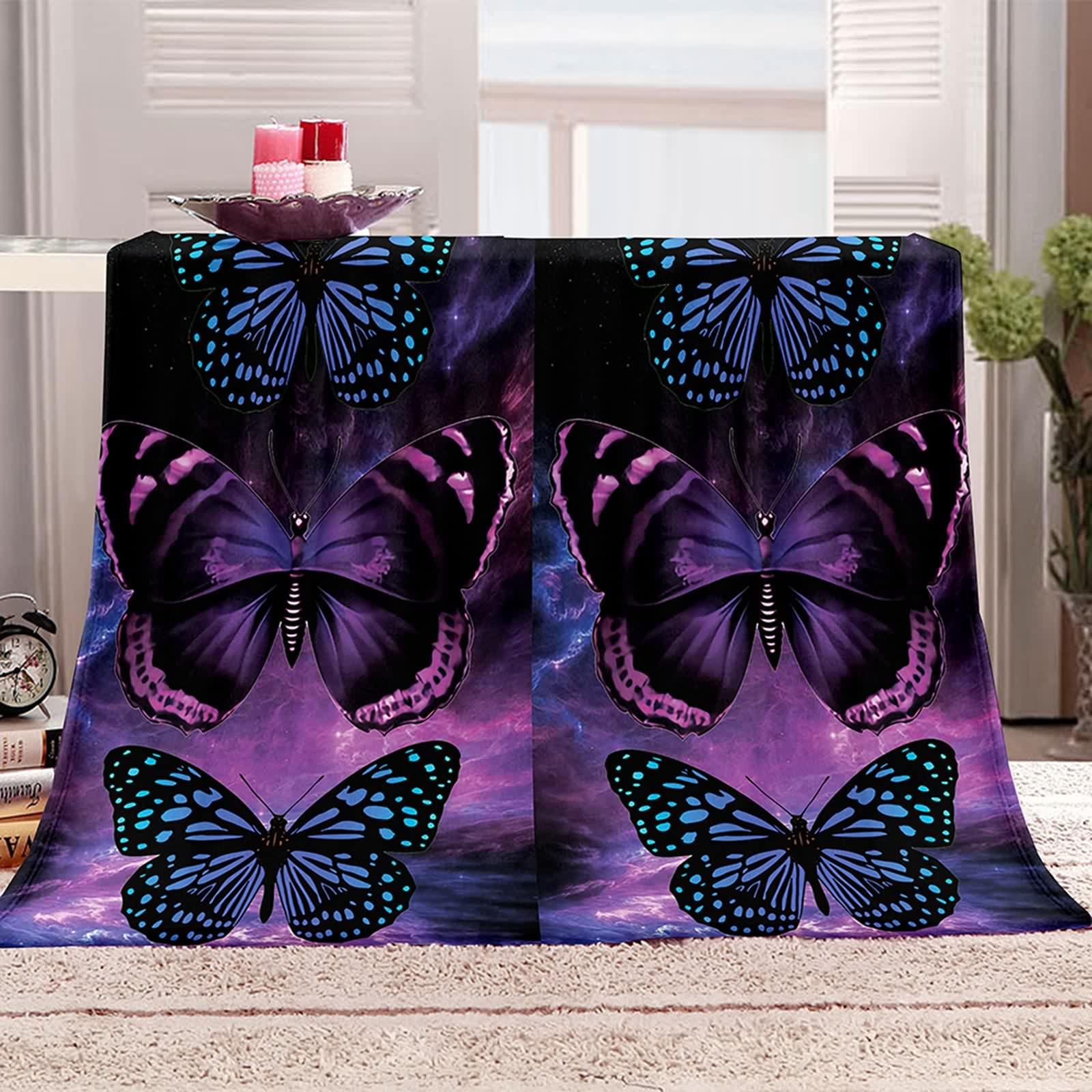 Duży koc narzuta na sofę, czarny koc narzuta bardzo duże flanelowe motyle przytulne puszyste miękkie lekkie ciepłe 152 cm x 188 cm